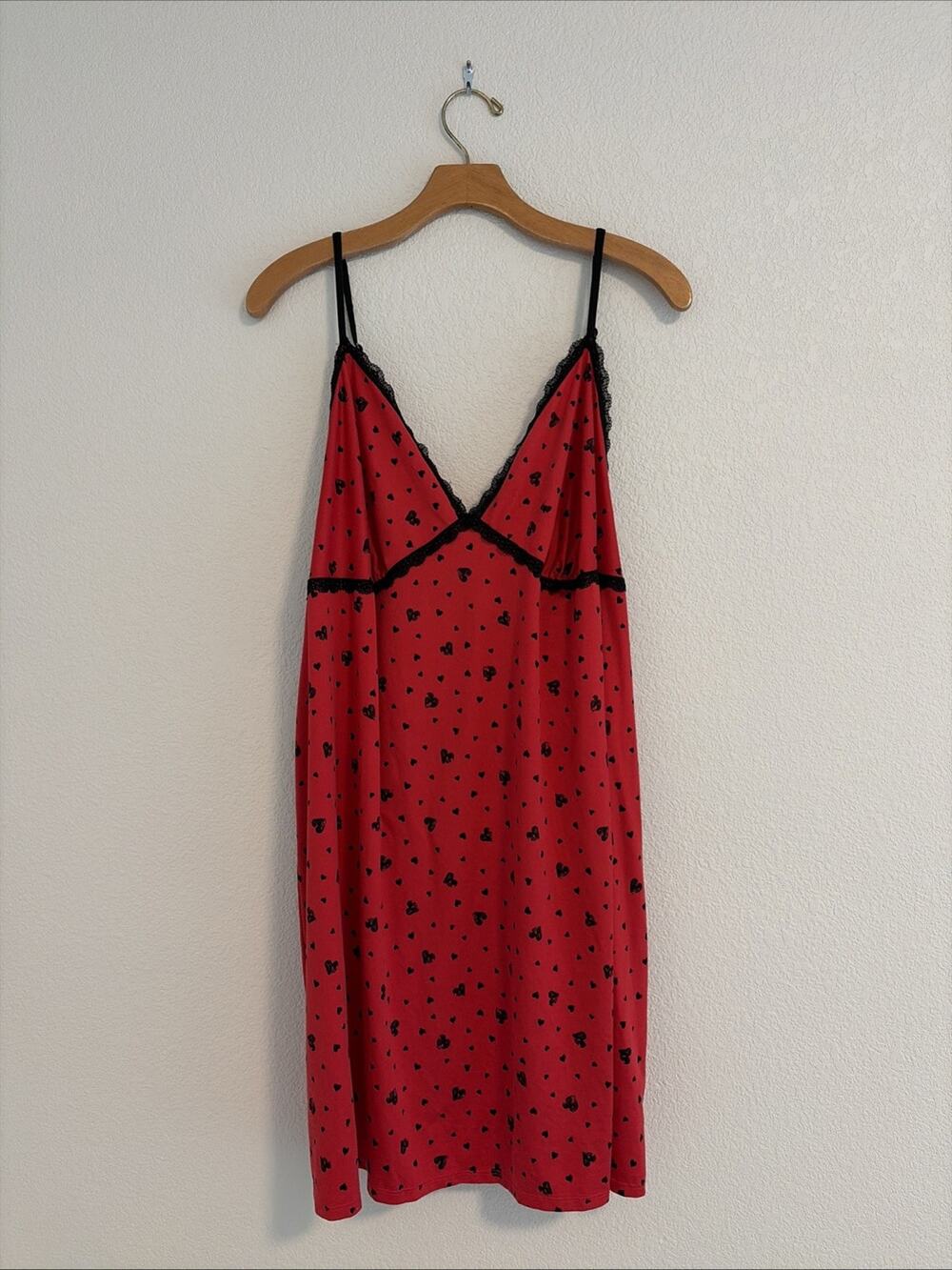 Secret Treasures Red Black Heart Print Lace Trim Babydoll Chemise Nightgown S